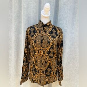Lamasini jeans gold black baroque style button down shirt